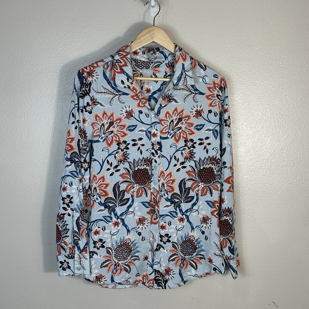 Chico's Long Sleeve Button Up Blouse Blue Floral Long Sleeve Women's Large 12/14